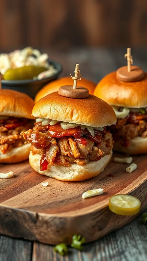 BBQ chicken sliders on a wooden platter with toppings