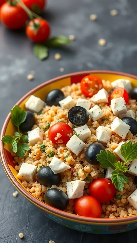 A colorful Mediterranean quinoa salad with cherry tomatoes, black olives, and feta cheese in a bowl.