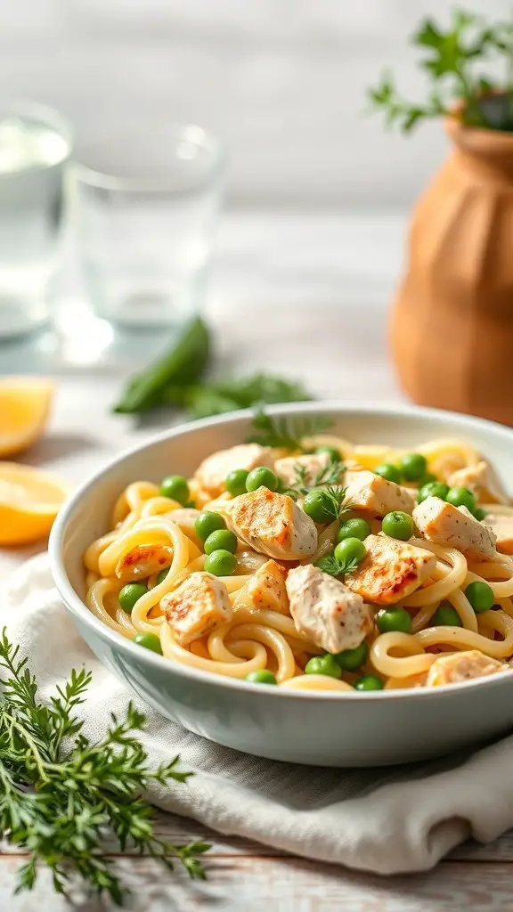 A bowl of Lemon Dill Chicken and Pea Pasta with fresh ingredients and a light sauce.