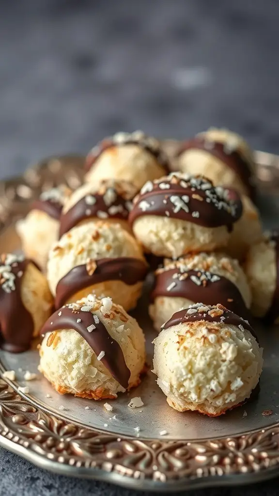 Chocolate dipped coconut macaroons on a silver platter