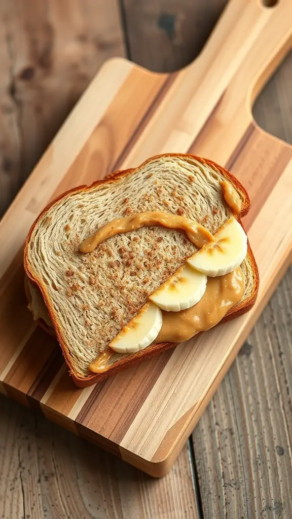 A peanut butter and banana sandwich on a wooden cutting board.