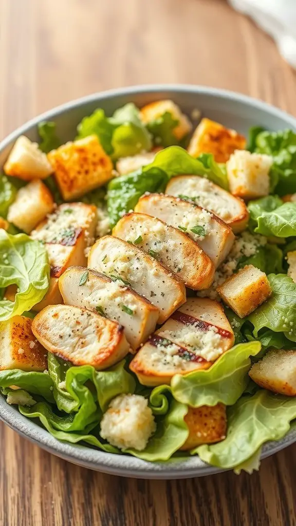 A delicious Grilled Chicken Caesar Salad with sliced grilled chicken, romaine lettuce, croutons, and Parmesan cheese.
