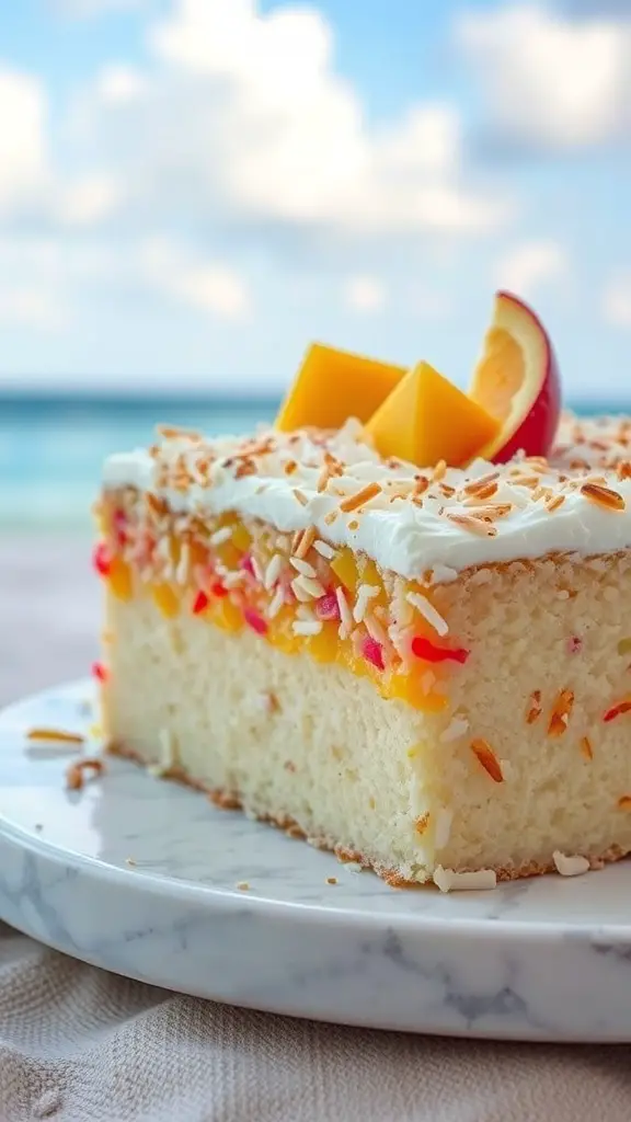 A slice of mango coconut sheet cake topped with mango slices and coconut flakes, set against a beach background.