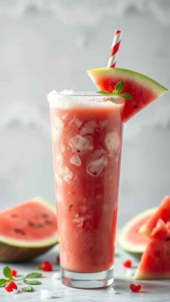A tall glass of Watermelon Coconut Fizz with ice, garnished with a watermelon slice and mint leaves.