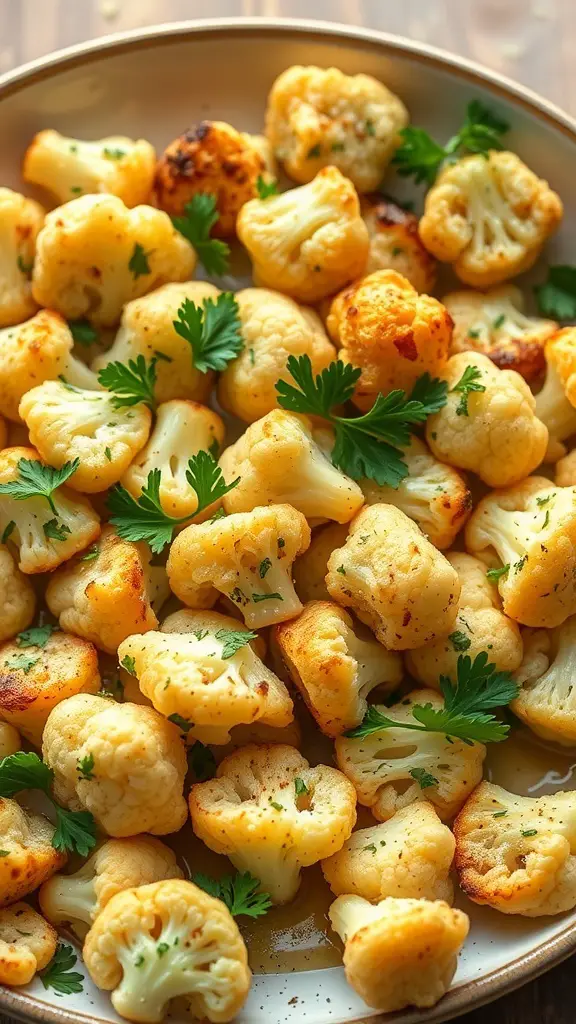 A plate of garlic parmesan roasted cauliflower, golden and garnished with parsley.