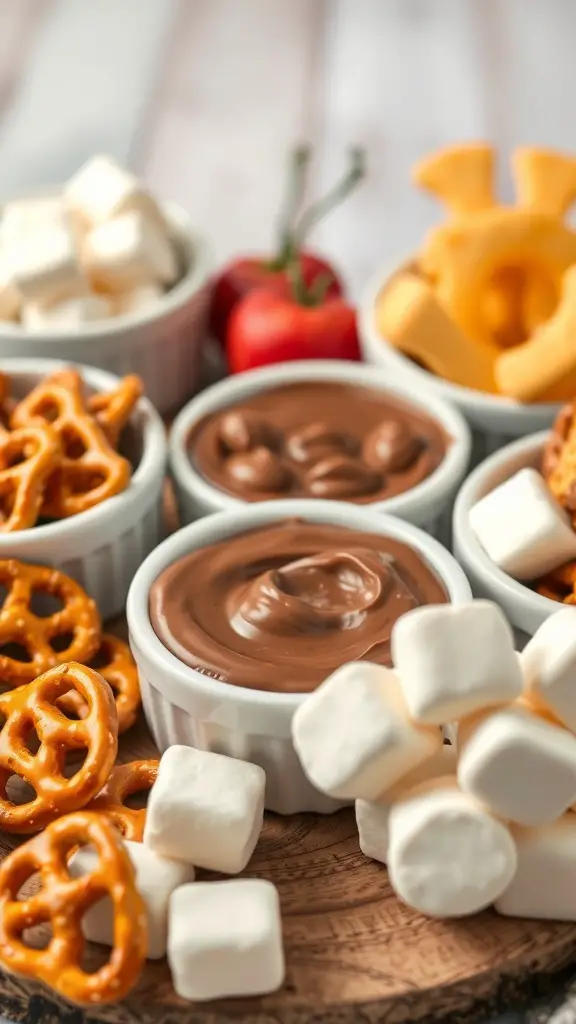 A chocolate dipping station with pretzels, marshmallows, and melted chocolate.