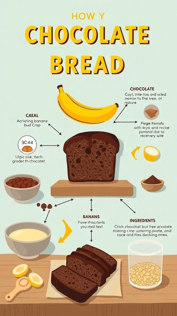An infographic showing how to make chocolate banana bread with ingredients and steps.
