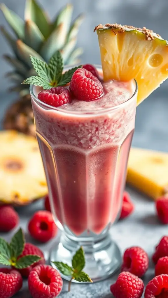 A refreshing Raspberry Pineapple Breeze smoothie topped with raspberries and a slice of pineapple, garnished with mint leaves.