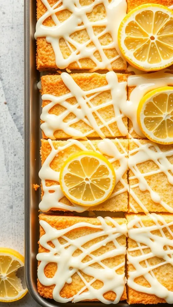 Lemon zest bars topped with icing and lemon slices