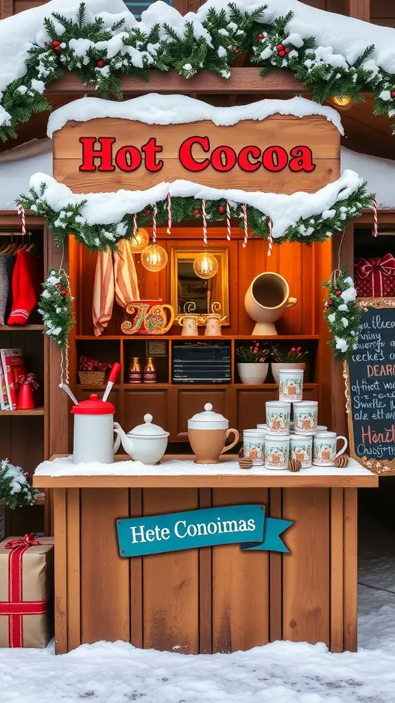 A cozy hot cocoa station with festive signage and decorations.