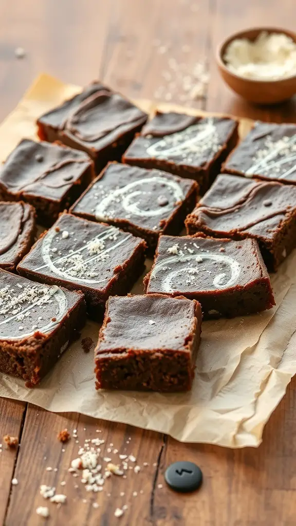 Delicious coconut flour brownies cut into squares on parchment paper.