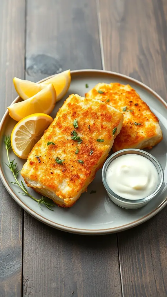 Crispy pan-fried cod fillets served with lemon wedges and dipping sauce on a plate.