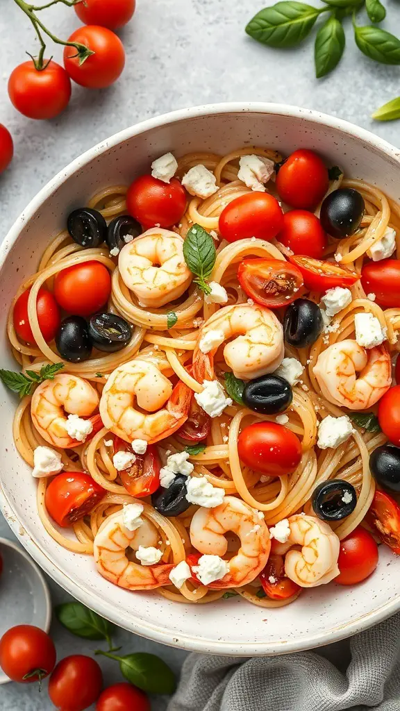 A bowl of Mediterranean shrimp pasta salad with shrimp, cherry tomatoes, olives, and feta cheese.