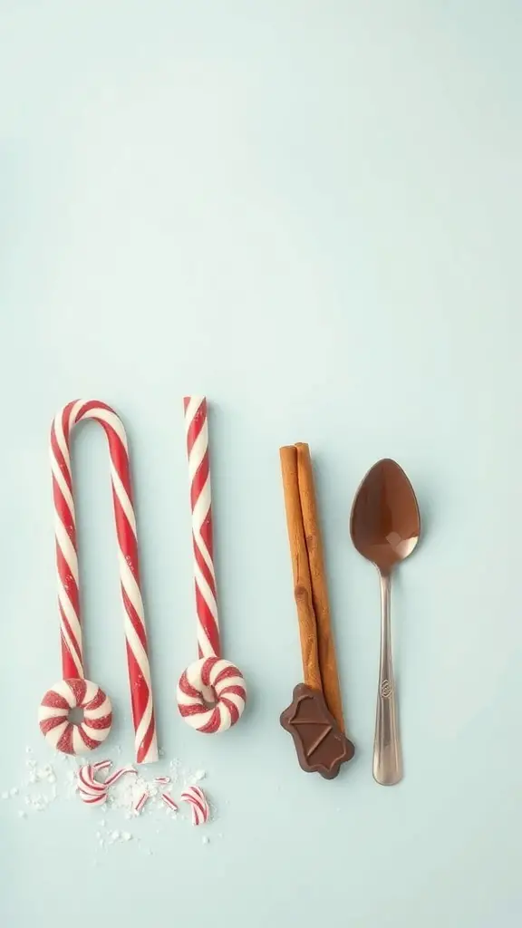 Creative stirring sticks for a hot cocoa bar including candy canes, cinnamon sticks, chocolate spoons, and marshmallow swirls.