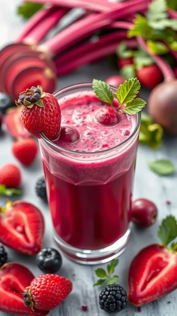 A vibrant beetroot and berry smoothie in a glass, garnished with fresh strawberries and surrounded by berries and beetroot.
