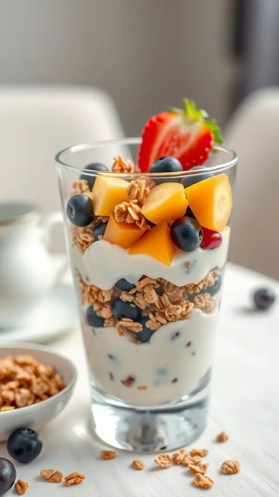 A delicious Greek yogurt parfait with granola and fresh fruits in a glass.