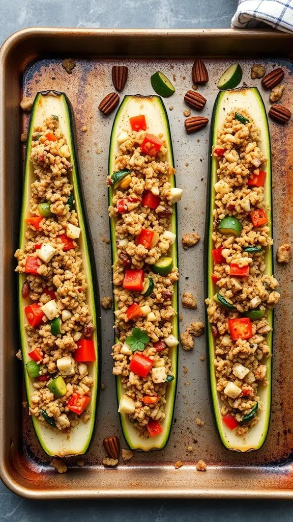Stuffed zucchini boats filled with colorful vegetables and spices on a baking tray.