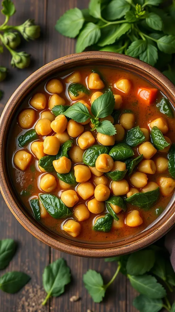 A bowl of Mediterranean Chickpea and Spinach Stew with chickpeas and spinach in a rich broth.