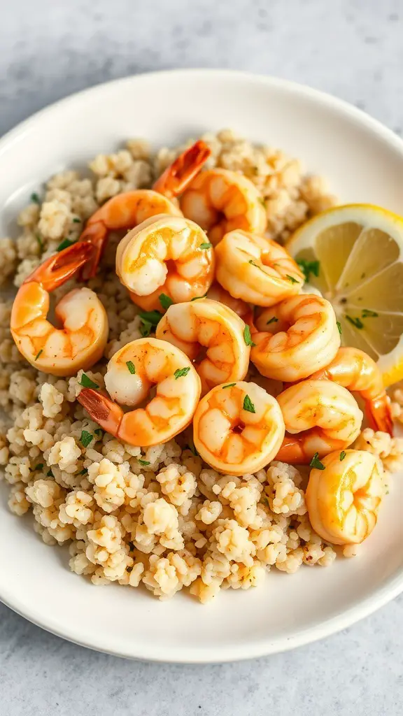 A plate of shrimp with lemon herb quinoa, garnished with lemon slices.