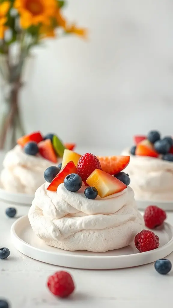 Mini pavlovas topped with fresh fruits like blueberries, raspberries, and peach slices.