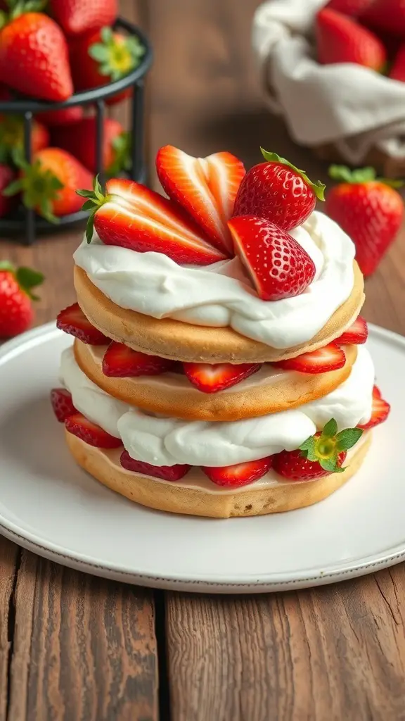 A delicious strawberry shortcake layered with whipped cream and fresh strawberries.
