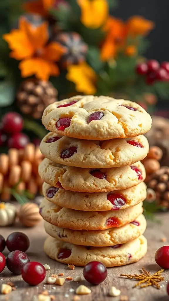 A stack of cranberry orange shortbread cookies surrounded by autumn decorations.