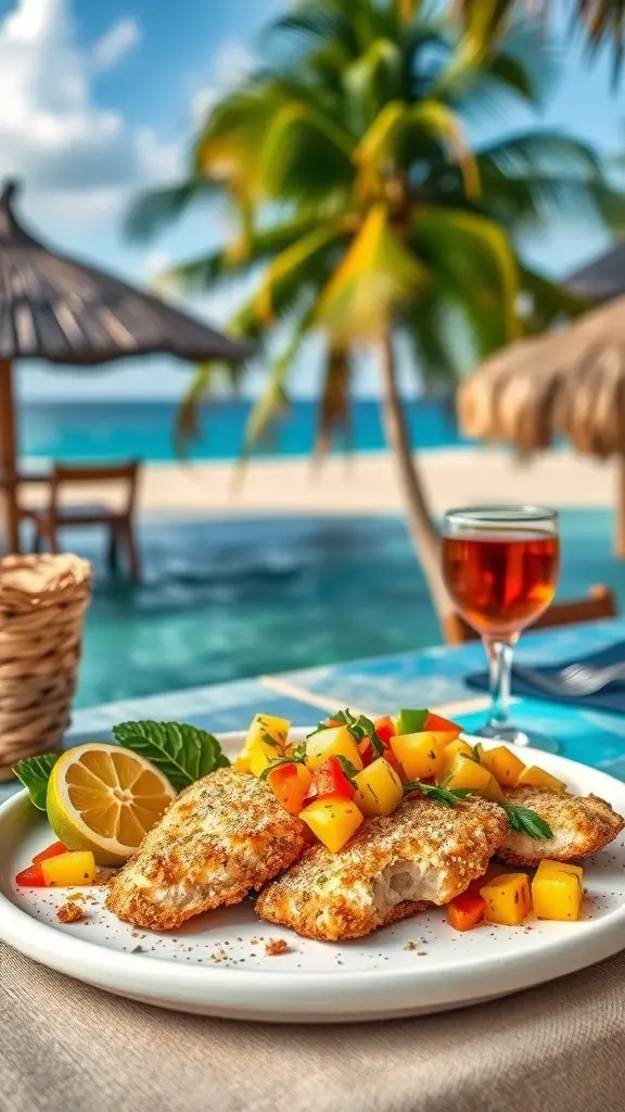 Coconut crusted fried fish with mango salsa, lemon, and a tropical beach background.
