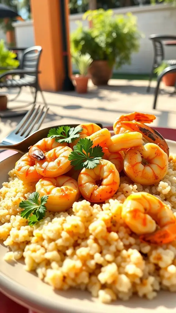 A plate of Lemon Garlic Shrimp served over couscous, garnished with fresh herbs.