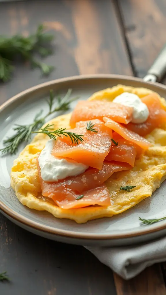 A delicious smoked salmon and cream cheese omelette on a plate, garnished with herbs.
