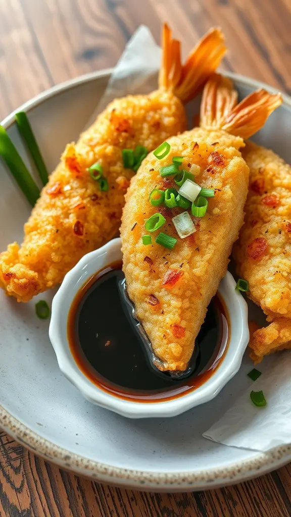 Plate of tempura fried fish with dipping sauce and green onions
