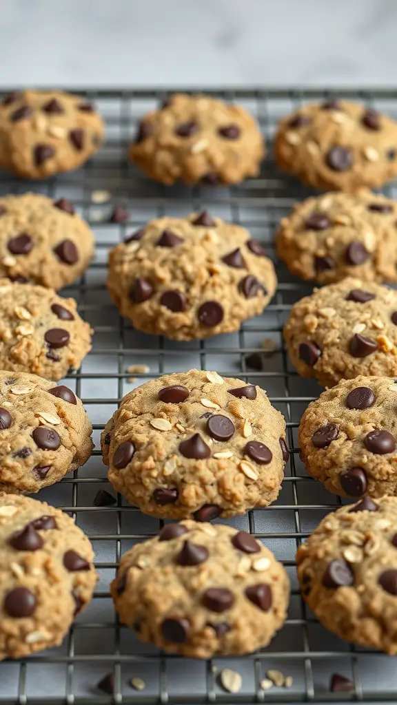 A batch of no-bake oatmeal cookies with chocolate chips on a cooling rack.