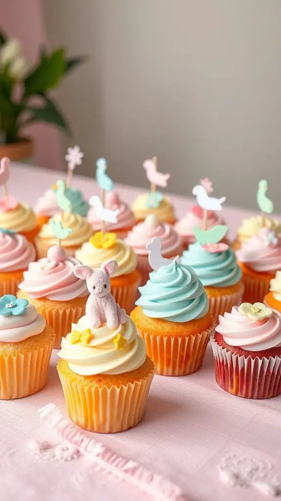 Colorful mini cupcakes with pastel frosting and cute decorations
