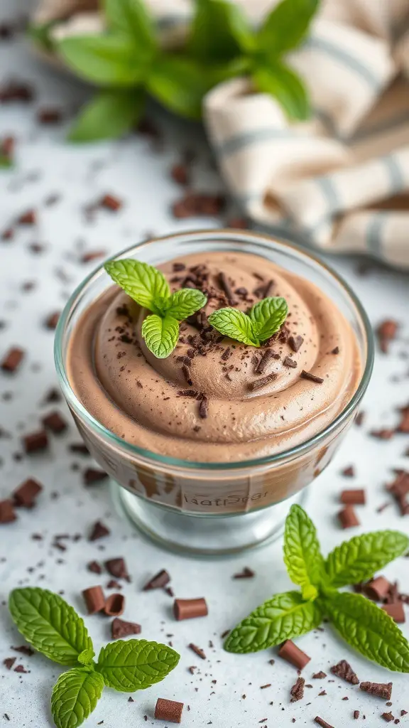 A bowl of chocolate mousse topped with mint leaves and chocolate shavings, surrounded by mint leaves and chocolate pieces.