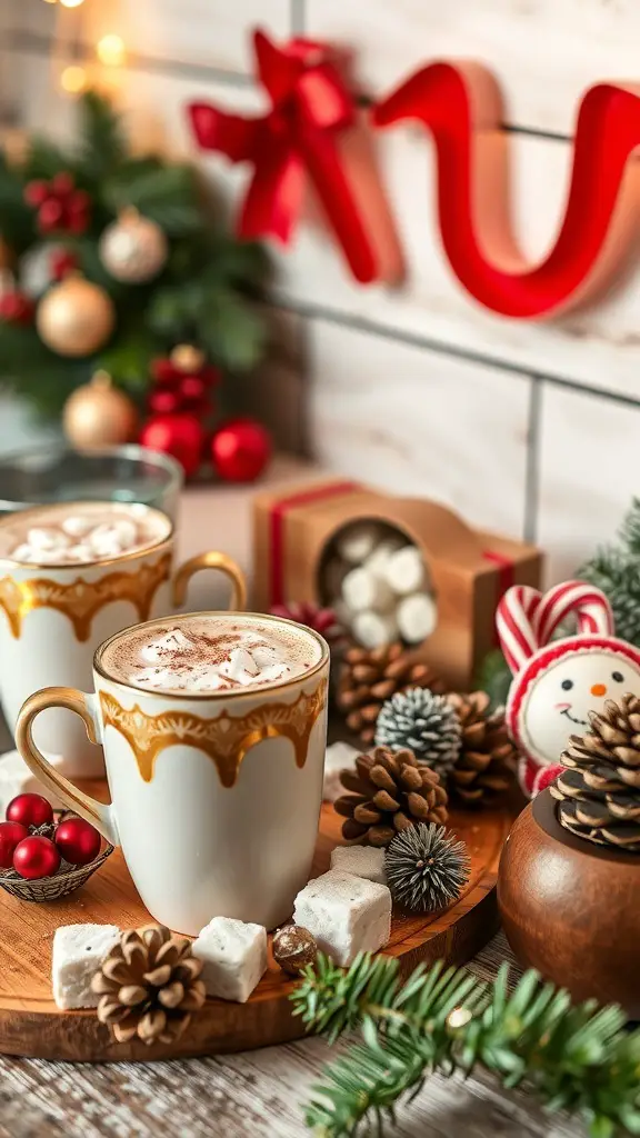 A festive hot cocoa bar with mugs, marshmallows, pinecones, and holiday decorations.
