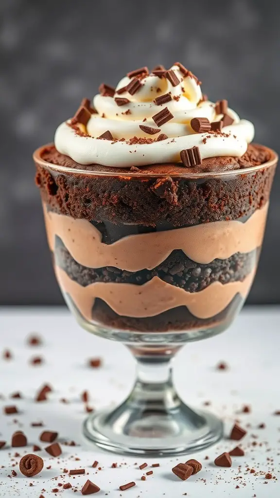 A delicious chocolate brownie trifle with layers of brownie, chocolate mousse, and whipped cream, topped with chocolate shavings.