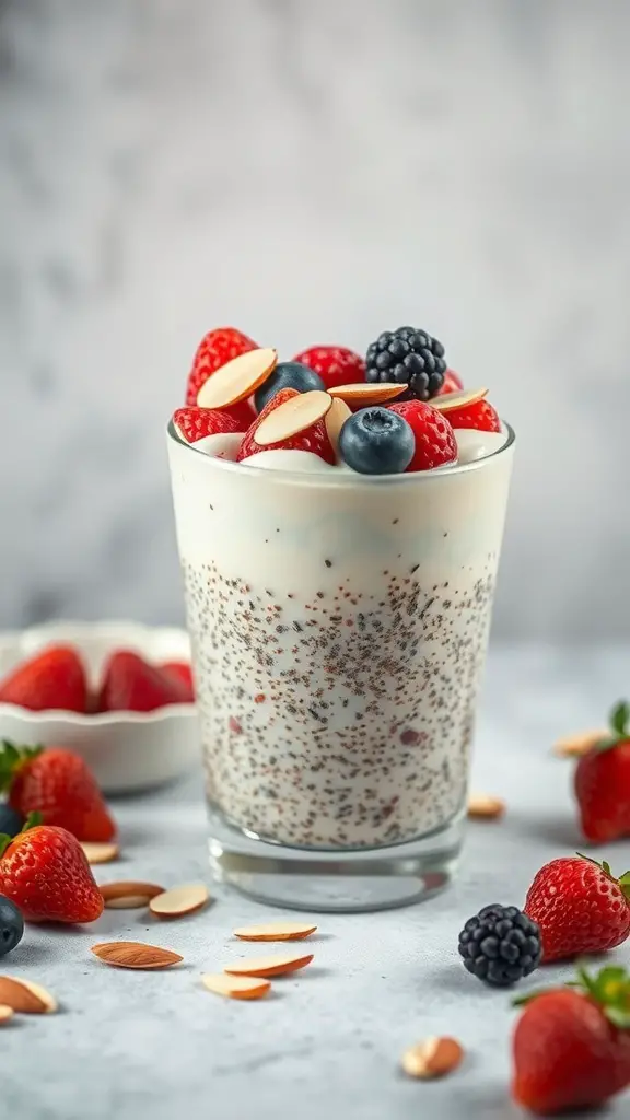 Chia seed pudding topped with fresh berries and almond slices in a glass