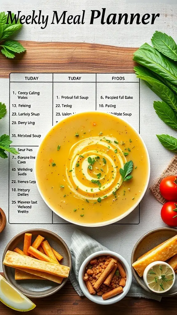 A bowl of cabbage soup with a meal planner and healthy snacks.