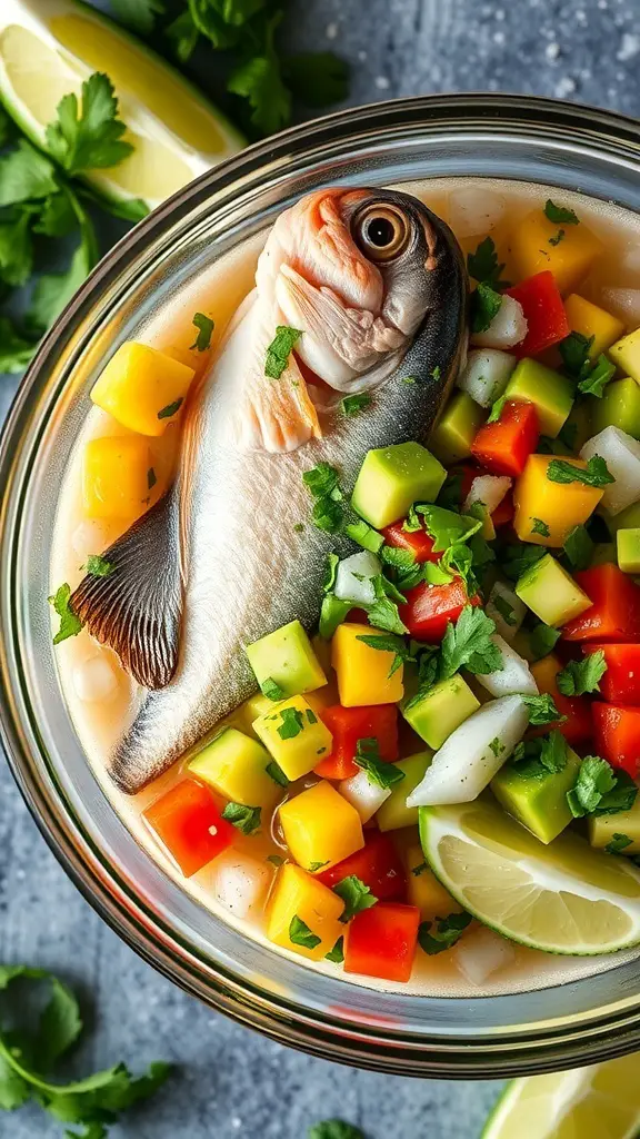 A bowl of fish ceviche with colorful diced vegetables and herbs