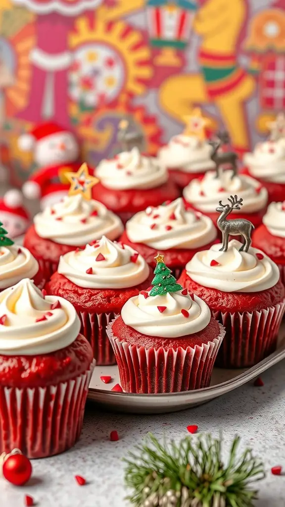 Festive red velvet cupcakes with cream cheese frosting and holiday decorations