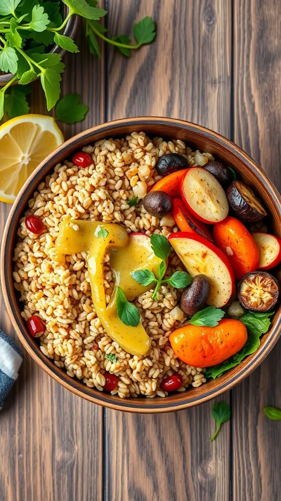 A Mediterranean grain bowl with grains, roasted vegetables, and herbs.