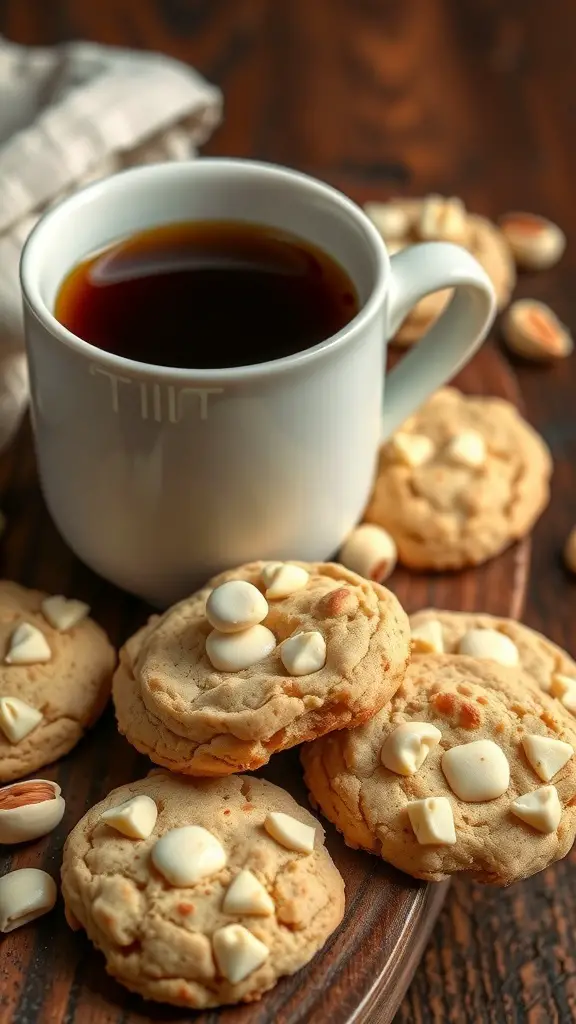 A cup of coffee next to white chocolate macadamia nut cookies on a wooden platter.