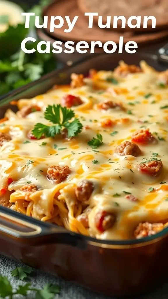 A delicious tuna casserole topped with melted cheese and garnished with parsley.