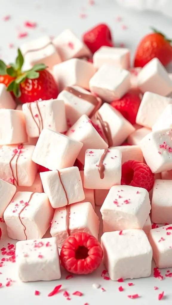 A pile of chocolate-covered marshmallows with fresh strawberries and raspberries.
