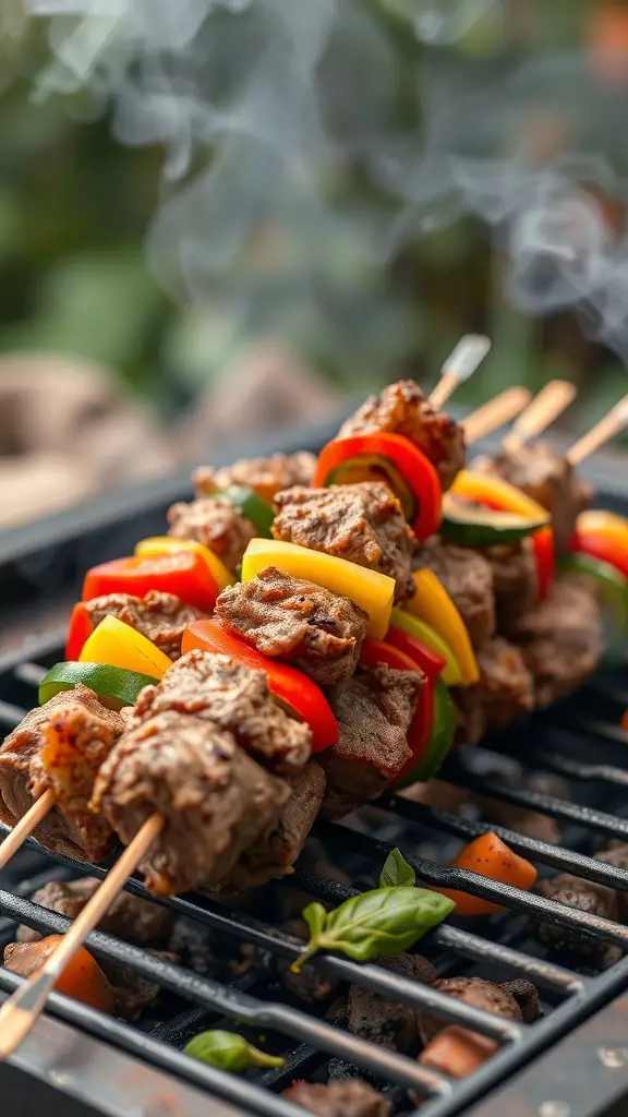 Grilled lamb kebabs with colorful bell peppers on skewers