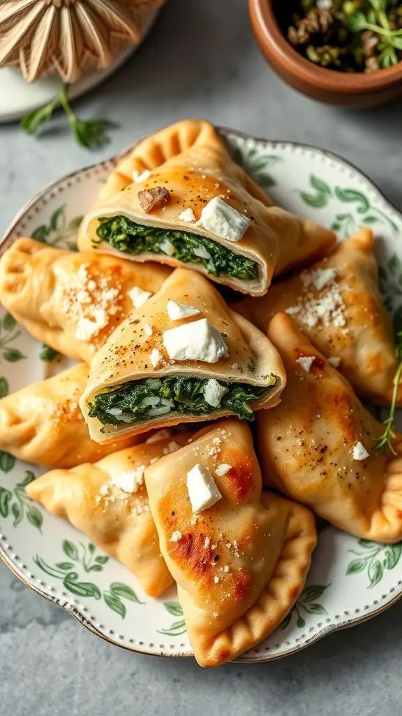 A plate of golden-brown spanakopita pastries filled with spinach and feta cheese.