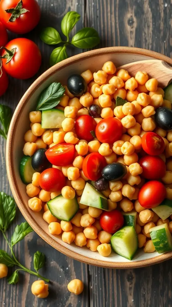 A bowl of Mediterranean Chickpea Salad with cherry tomatoes, cucumbers, and olives.