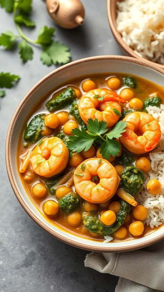 A bowl of Chickpea and Spinach Curry with Shrimp served with rice, garnished with fresh cilantro.