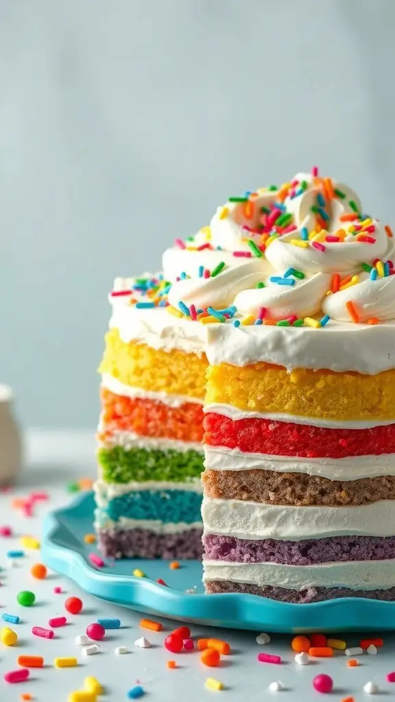 A colorful rainbow layer cake with sprinkles on top, displayed on a blue plate.