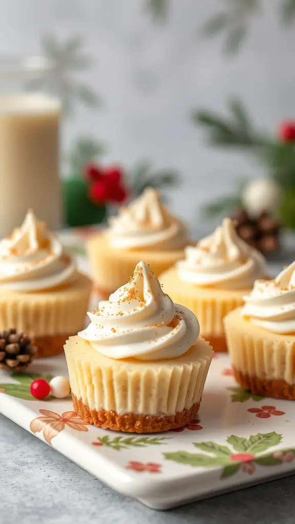 Eggnog cheesecake bites on a festive plate with whipped cream and nutmeg