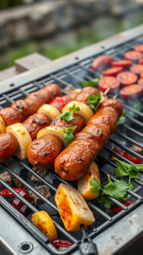 Grilled Italian sausage skewers with colorful vegetables on a barbecue grill